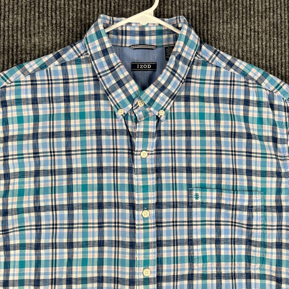 IZOD Shirt Mens 2XL XXL Blue Plaid Short Sleeve Button Down Relaxed Casual Light